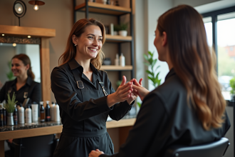 Coiffeur accueillant un client dans un salon moderne