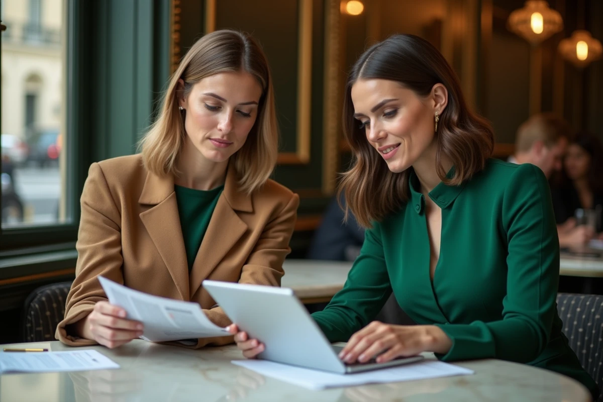 Deux professionnelles de la mode discutant d'une stratégie luxe autour de rapports de tendances dans un café parisien raffiné