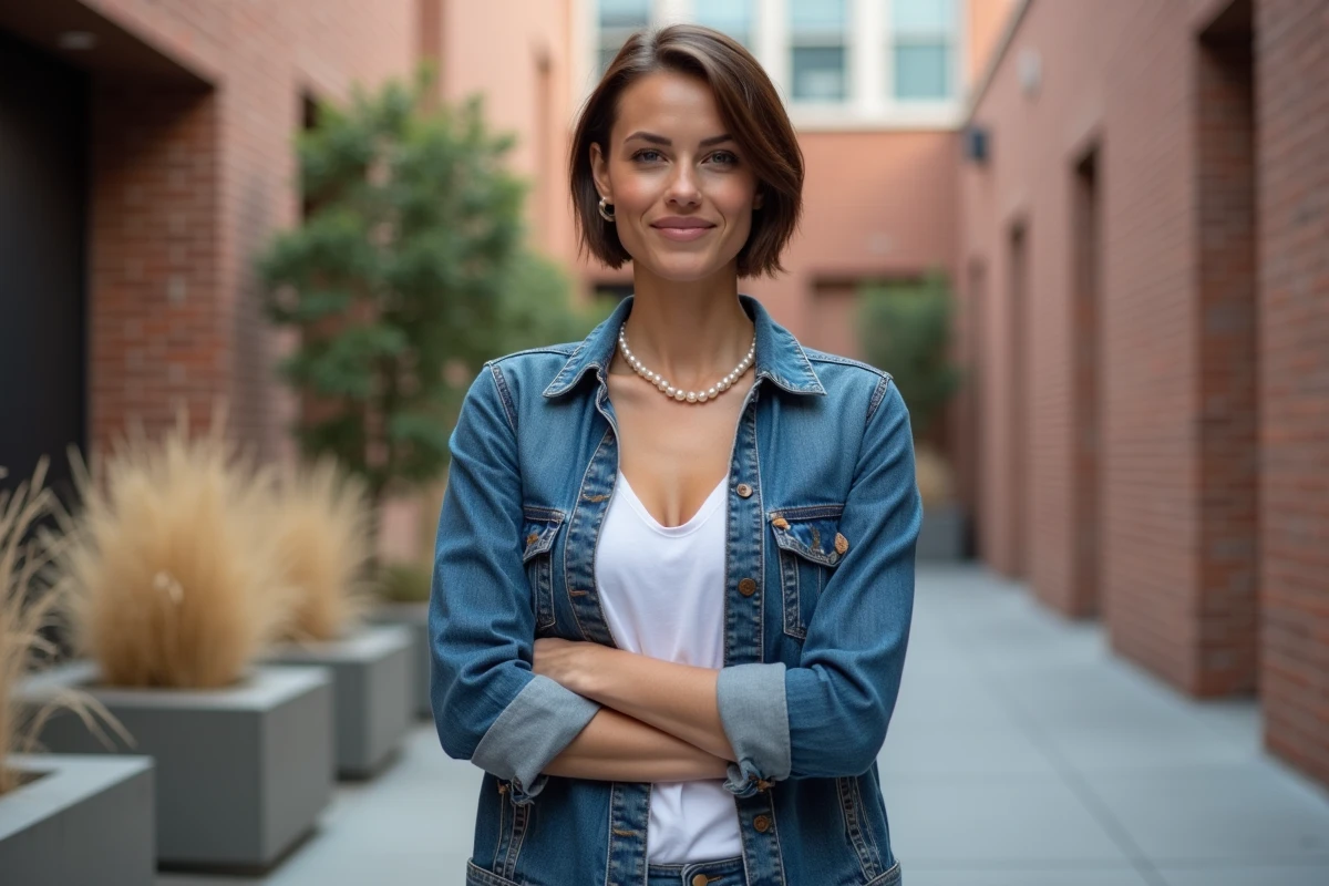 Femme portant un ras-du-cou en perles de culture Akoya avec une veste en jean dans une cour de galerie urbaine
