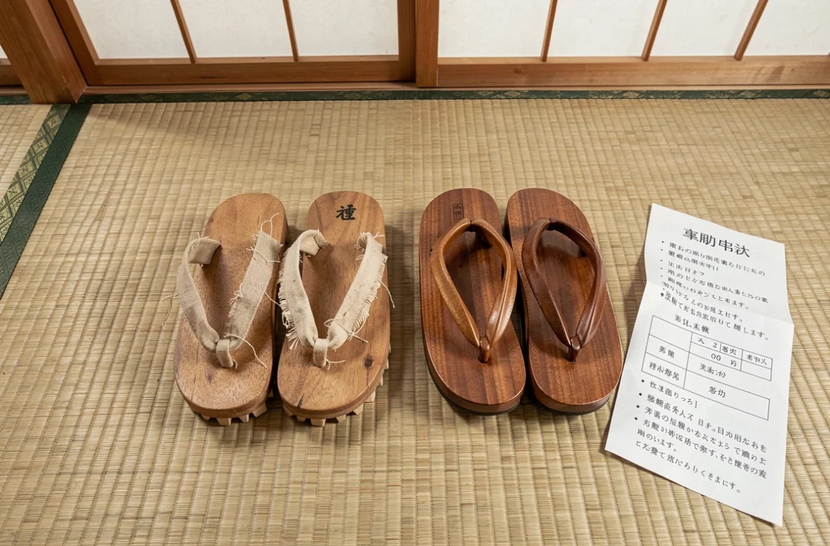 Comparaison entre une paire de geta japonaises de mauvaise qualité et une paire de haute qualité posées sur un tatami, guide d'achat en japonais à côté