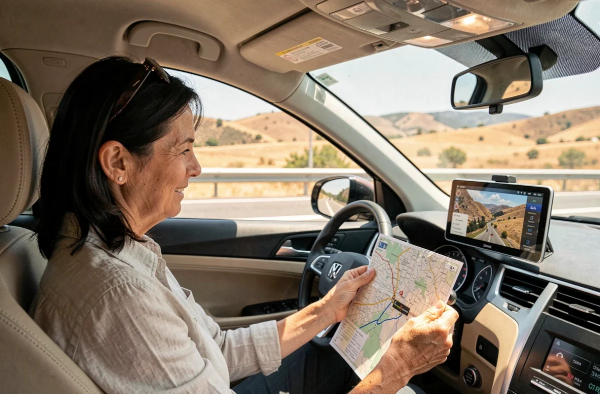 Femme consultant une carte routière et un GPS dans une voiture sur une autoroute espagnole en été