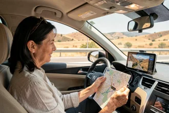 Femme consultant une carte routière et un GPS dans une voiture sur une autoroute espagnole en été