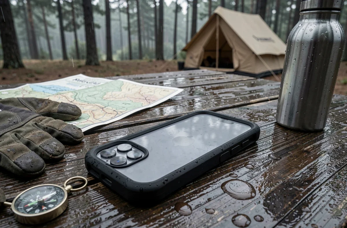 Coque étanche iPhone 15 Pro posée sur une table en bois mouillée dans un campement forestier avec équipement de randonnée outdoor