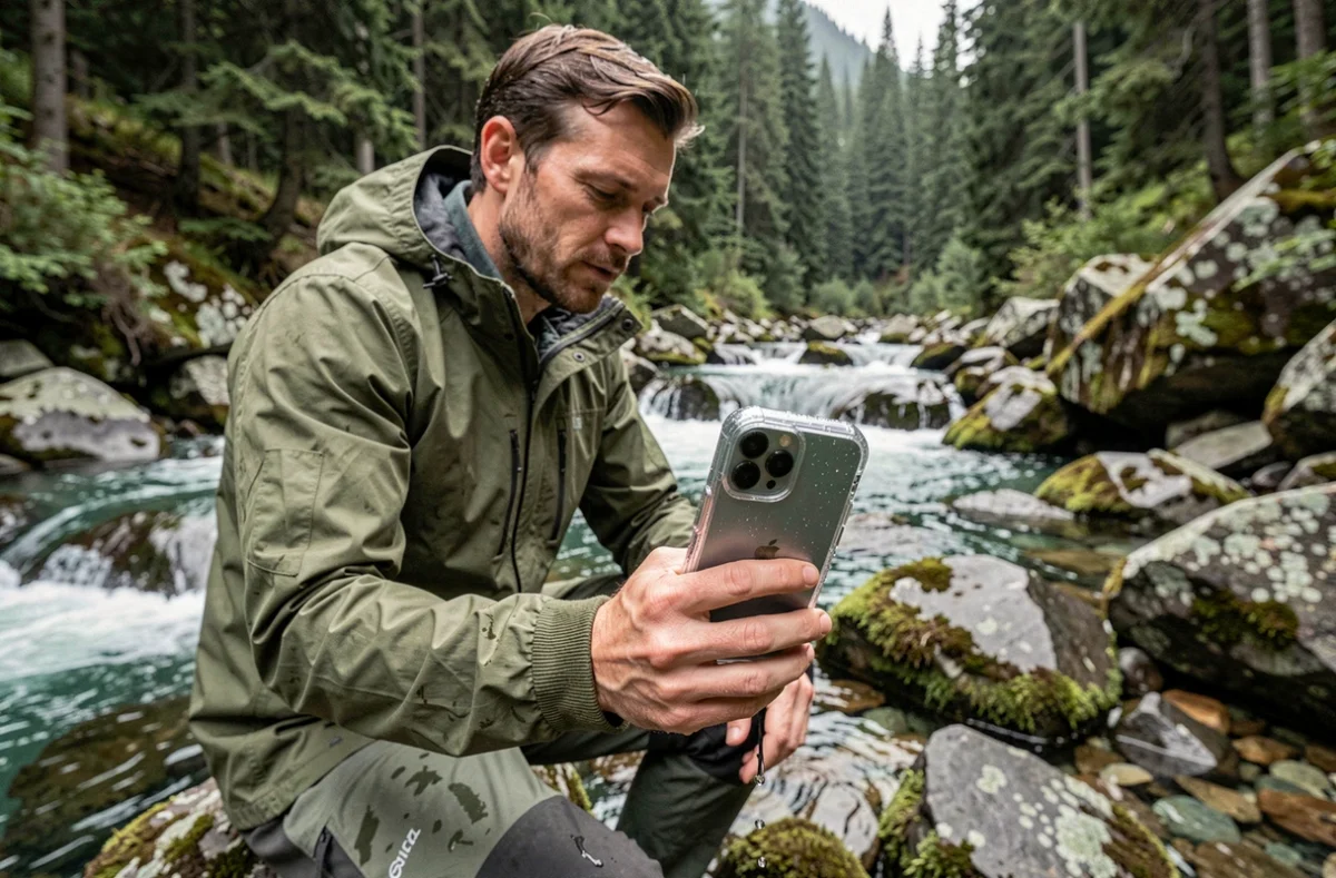 Homme en veste technique tenant un iPhone 15 Pro avec coque étanche près d'un torrent de montagne lors d'une randonnée outdoor