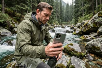 Homme en veste technique tenant un iPhone 15 Pro avec coque étanche près d'un torrent de montagne lors d'une randonnée outdoor