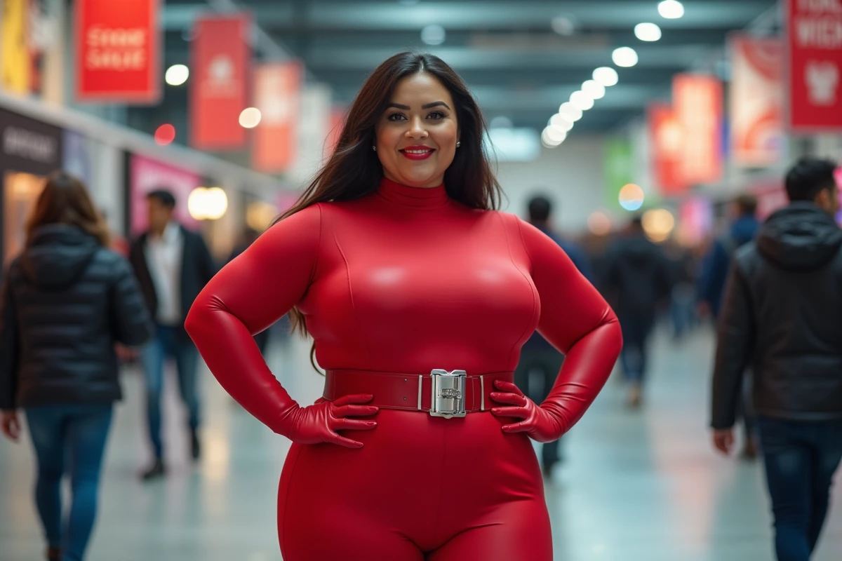 Cosplay grande taille inspiré de Totally Spies avec combinaison rouge flatteuse portée par une femme confiante lors d'une convention