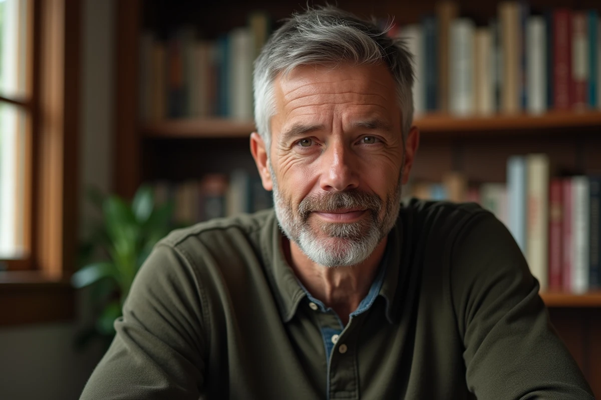 Portrait d'un homme mature avec une coupe couronne courte poivre et sel dans un bureau à domicile, style soigné pour assumer la calvitie avec confiance