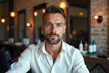 Homme avec une coupe couronne courte bien taillée assis dans un salon de coiffure moderne, assumant élégamment sa calvitie naissante