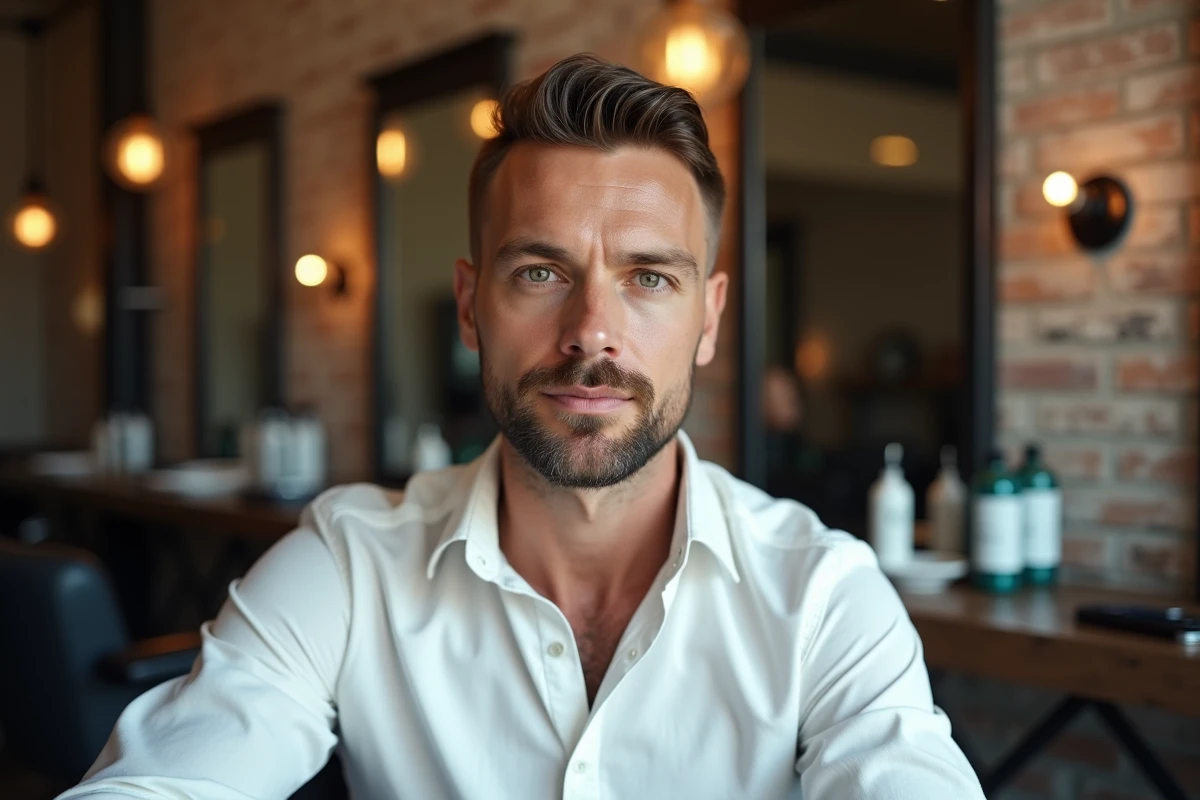 Homme avec une coupe couronne courte bien taillée assis dans un salon de coiffure moderne, assumant élégamment sa calvitie naissante