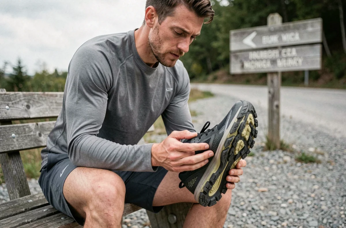 Coureur inspectant la semelle de sa chaussure Brooks Divide 5 après une sortie trail, évaluant l'usure et l'état général de la chaussure