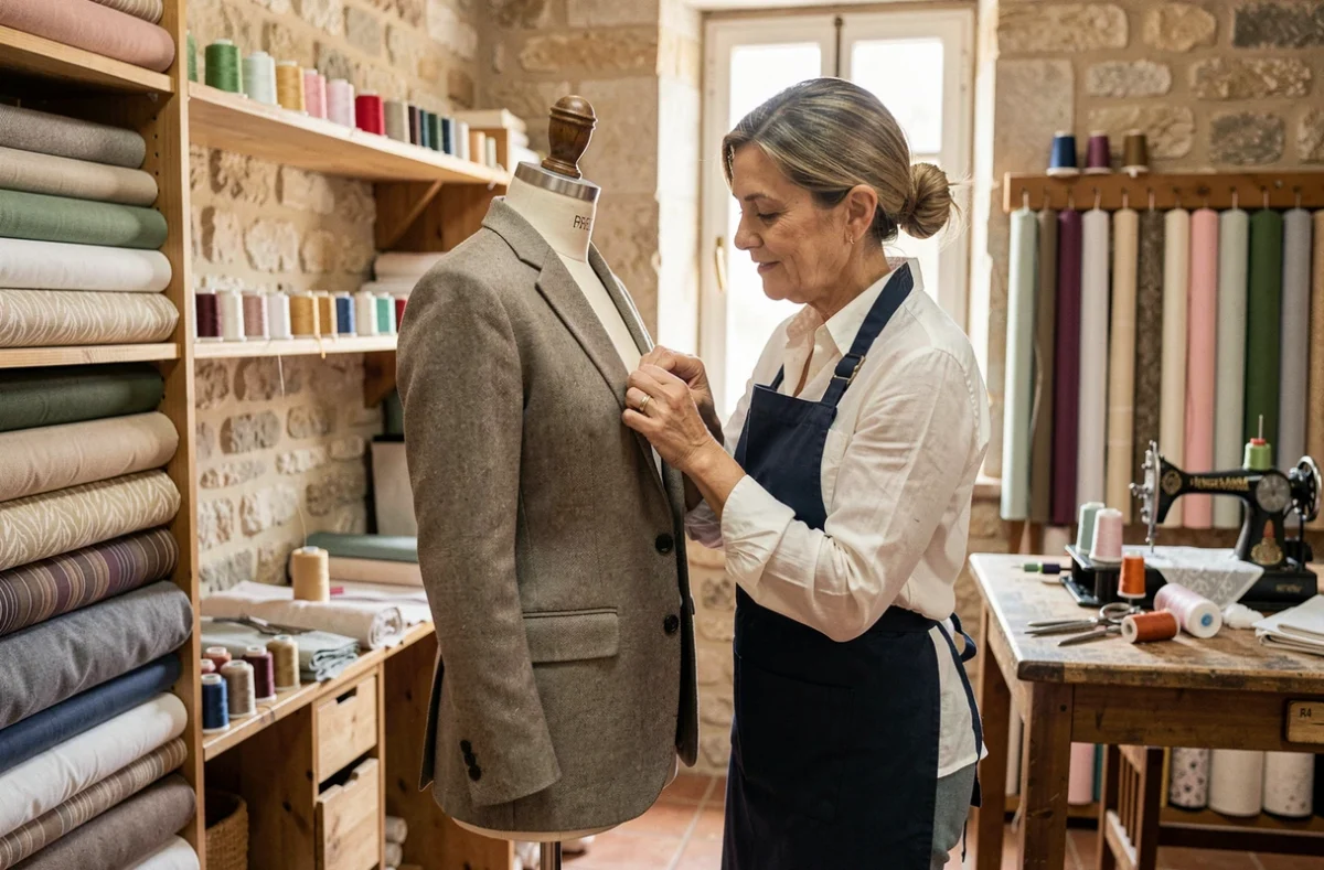 Couturière professionnelle épinglant une veste sur un mannequin de couture dans un atelier provençal à Salon-de-Provence