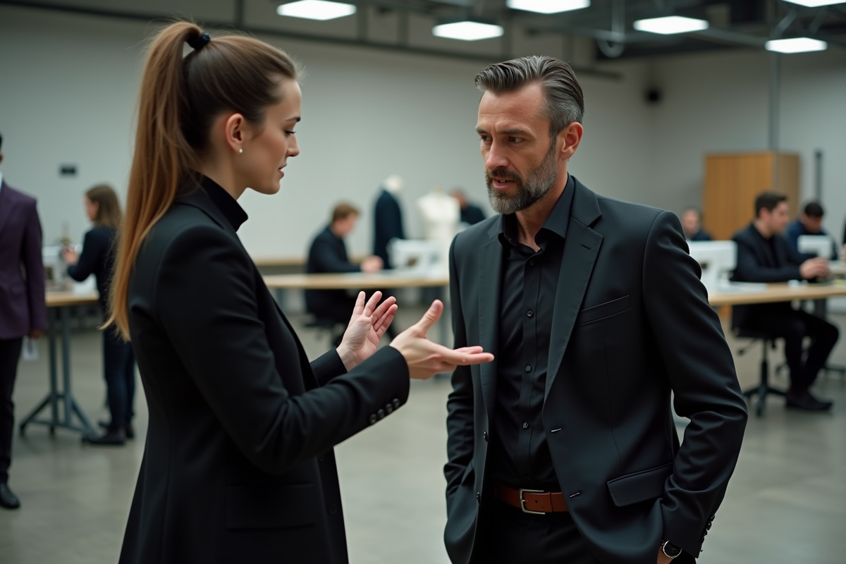 Designer en backstage discutant avec une couturiere près d