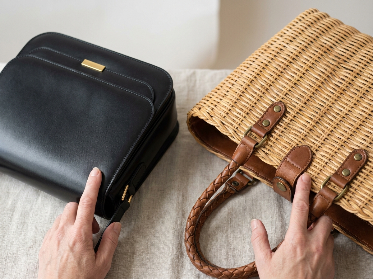 Gros plan sur deux sacs à main de styles différents posés côte à côte pour comparer matières et finitions