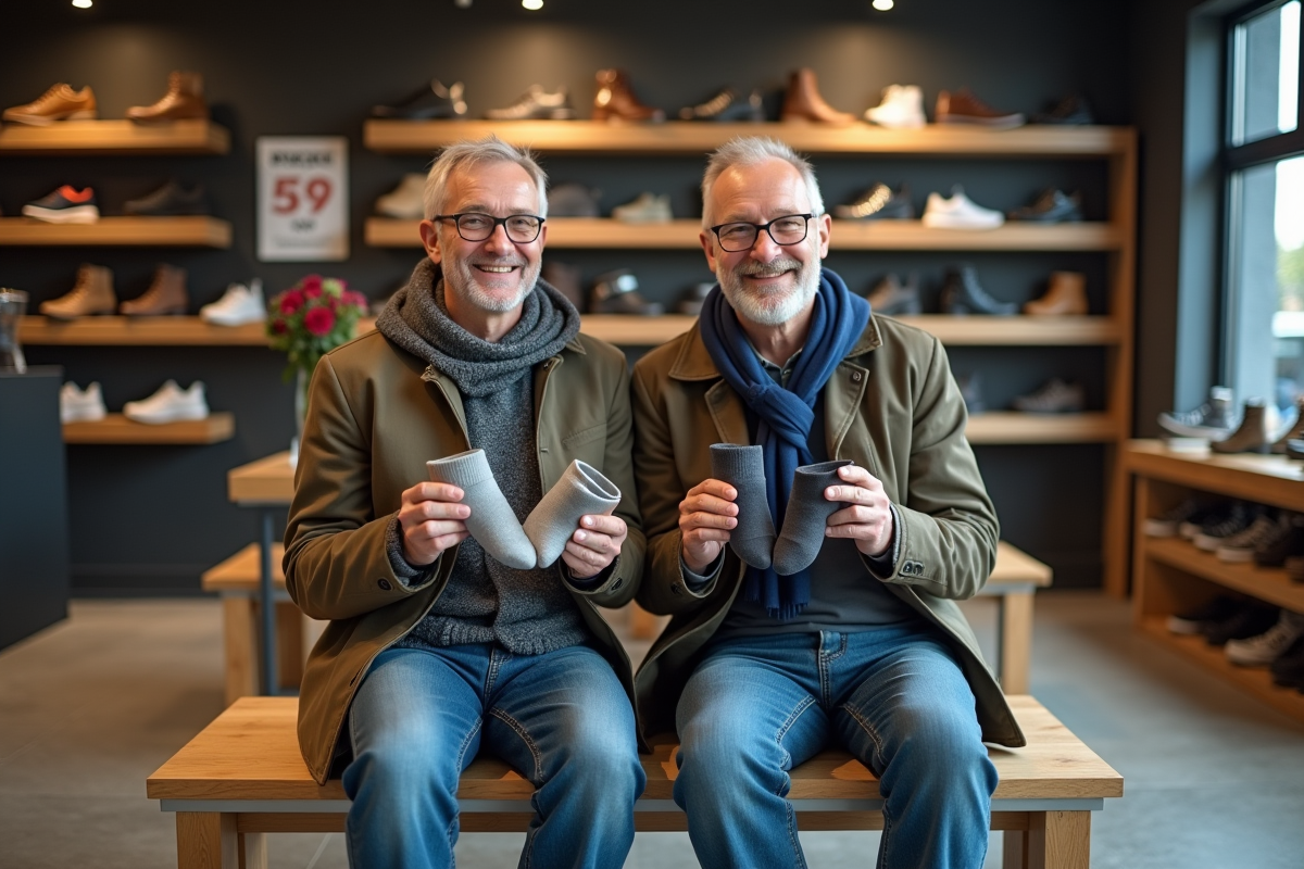 Deux hommes comparant différentes tailles de chaussettes en magasin