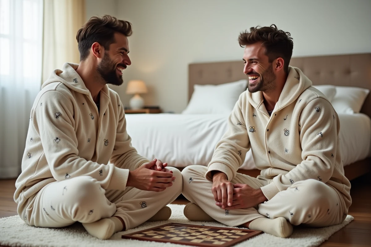 Deux hommes adultes en grenouillères à motifs assis sur un parquet de chambre jouant à un jeu de société