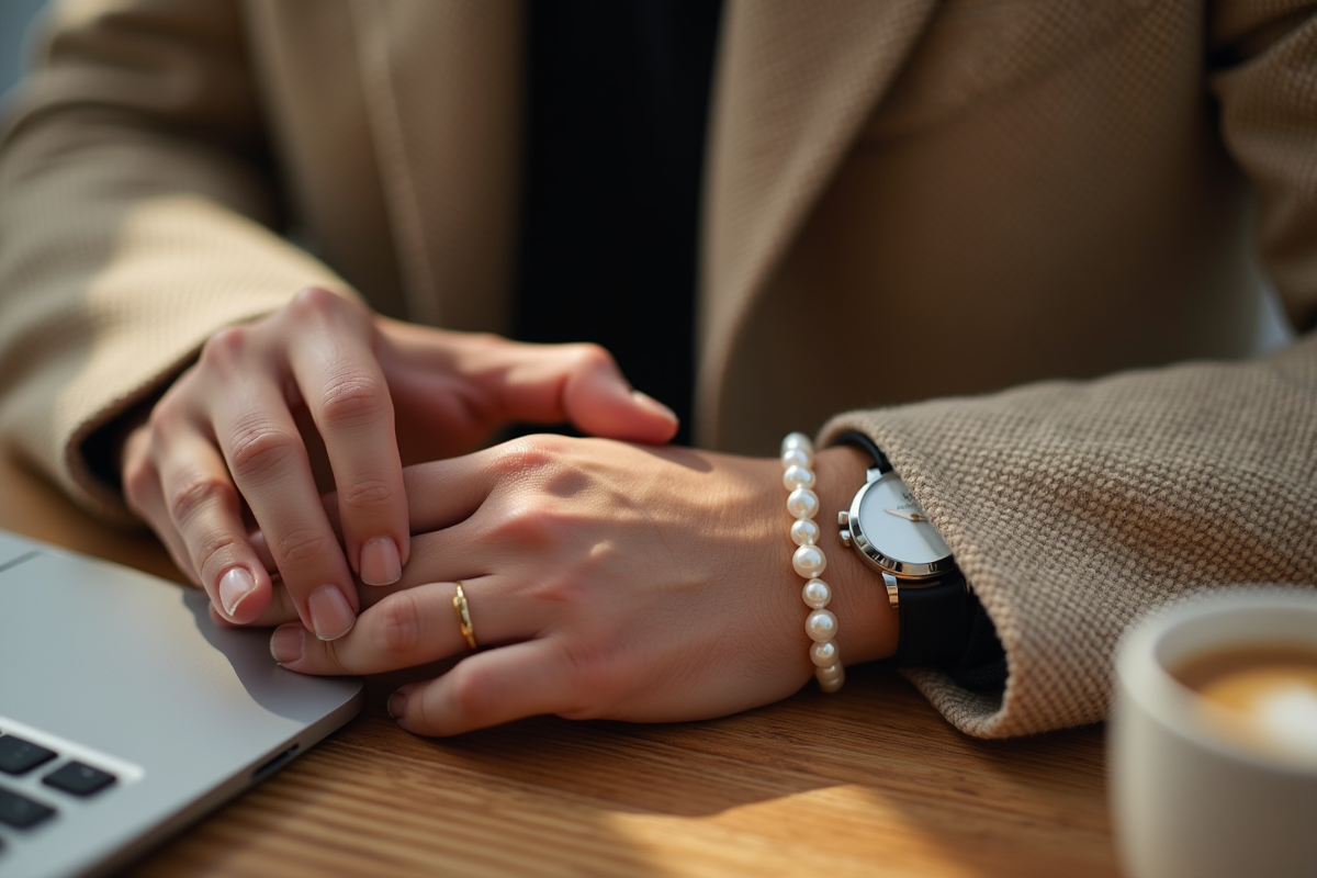 Gros plan sur des mains avec bracelet et bague en perles