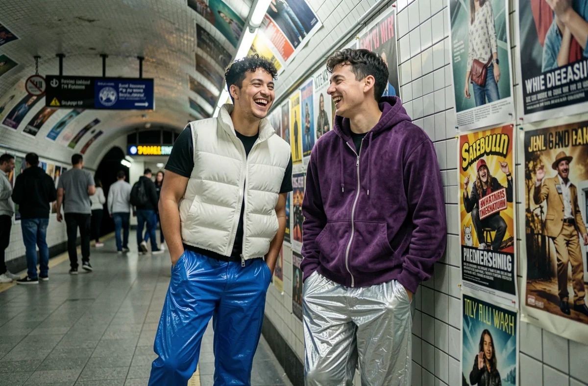 Deux hommes en tenues Y2K 2026 complémentaires riant dans une station de métro carrelée avec affiches rétro