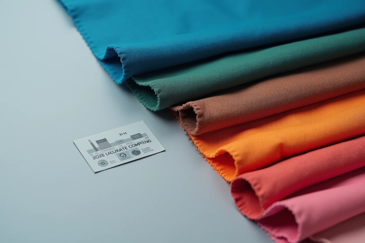 Échantillons de tissu polyester teint en différentes couleurs vives sur une surface de laboratoire lors d'un contrôle qualité