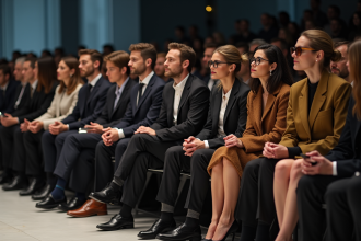 Groupe de professionnels de la mode assis en première rangée lors d'un défilé