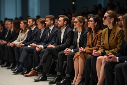 Groupe de professionnels de la mode assis en première rangée lors d'un défilé