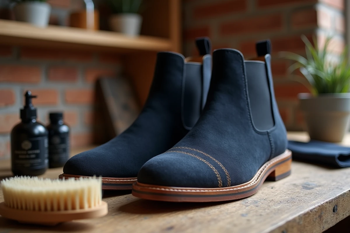 Entretien de boots en daim marine avec une brosse à suède sur surface en bois rustique