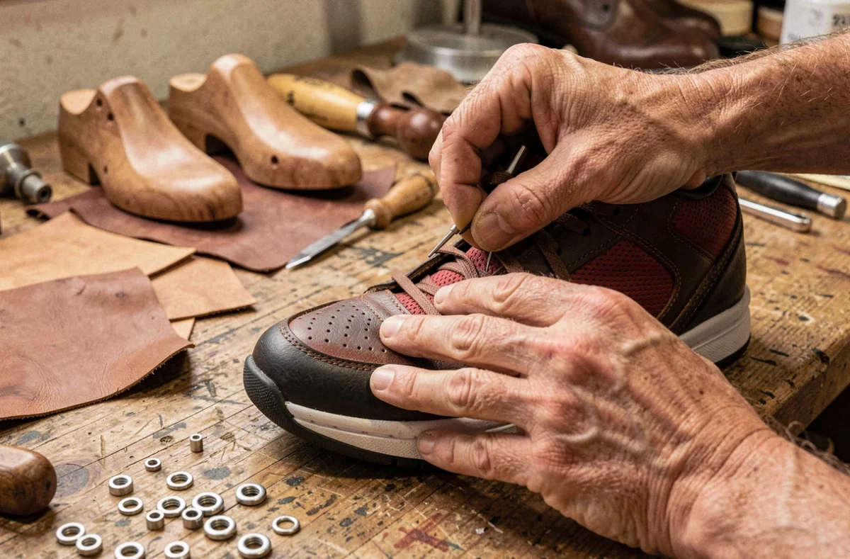 Mains d'artisan cousant une basket homme en Europe dans un atelier de fabrication traditionnelle de chaussures