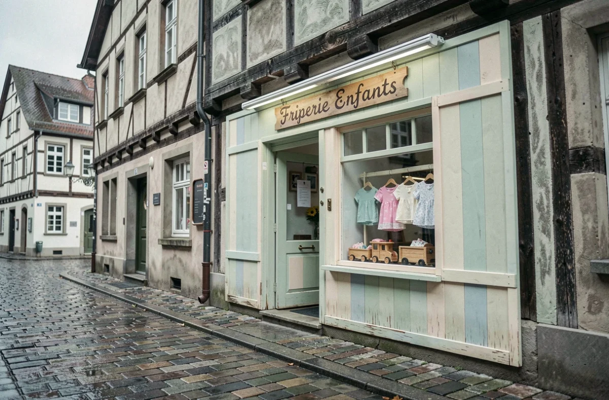 Façade extérieure d'une friperie pour enfants dans le quartier historique de Strasbourg, avec devanture en bois pastel et architecture alsacienne à colombages