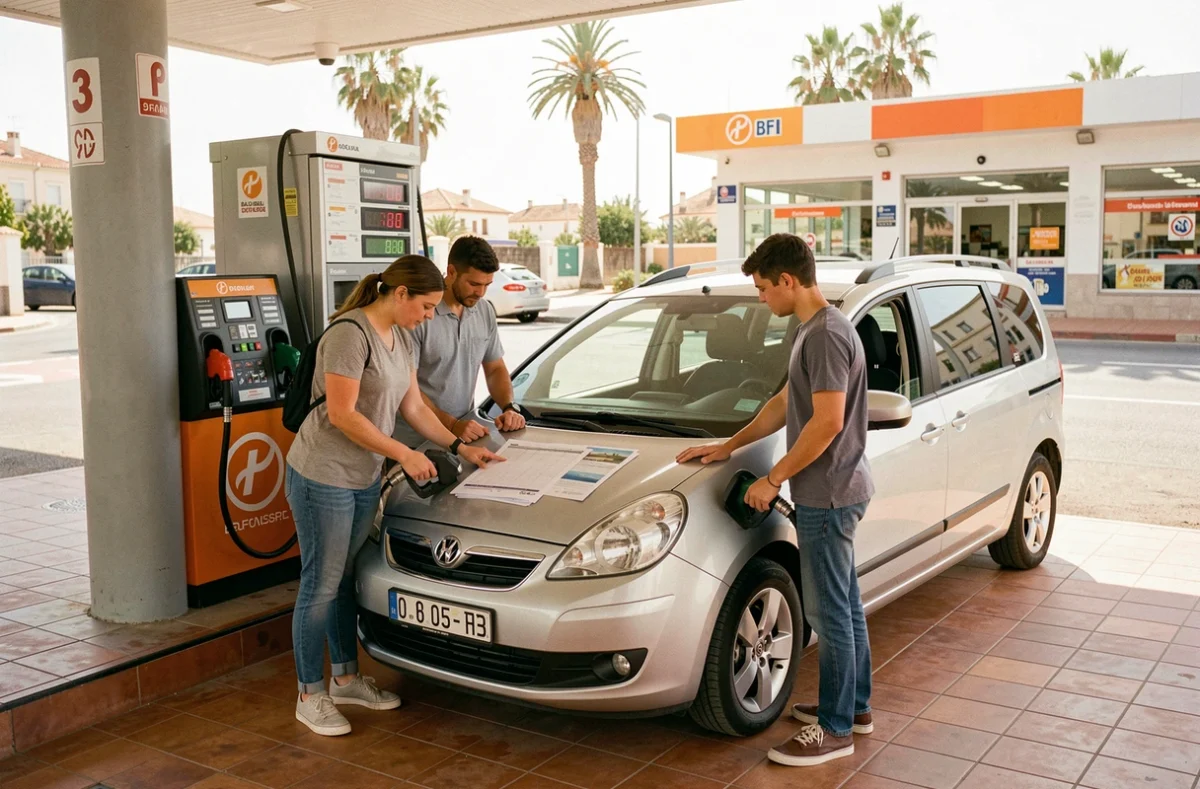 Famille faisant le plein d'essence dans une station-service espagnole pendant les vacances d'été