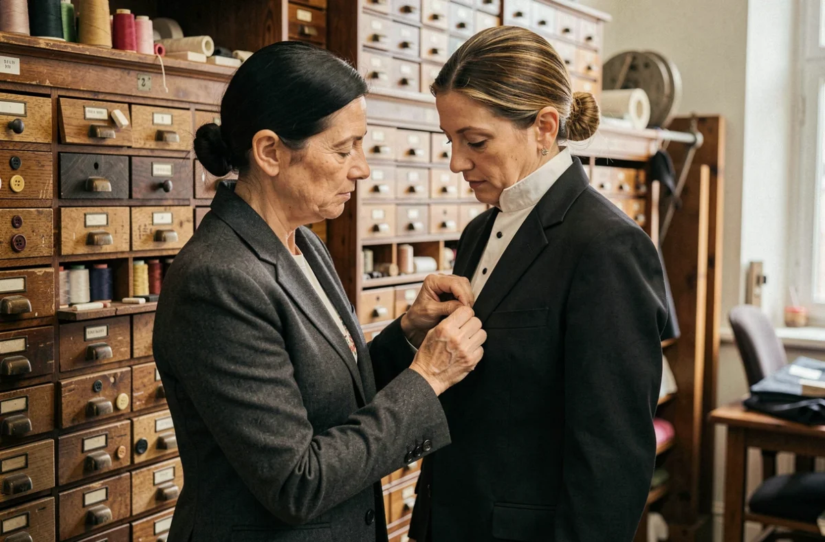 Tailleuse de Faubourg Saint-Sulpice cousant à la main un revers sur un costume noir dans un atelier parisien traditionnel