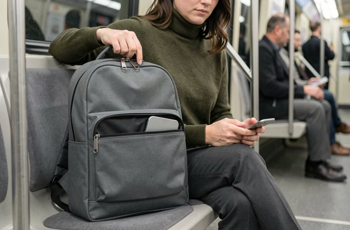 Femme assise dans le métro avec un sac à dos pour laptop posé sur ses genoux pendant un trajet urbain