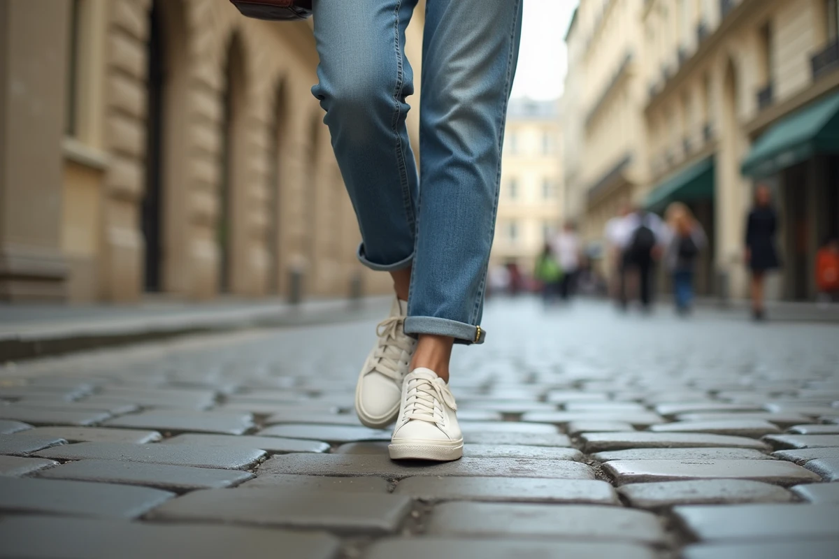 Femme portant des baskets françaises blanches avec un jean et une blouse en lin beige dans une rue pavée parisienne