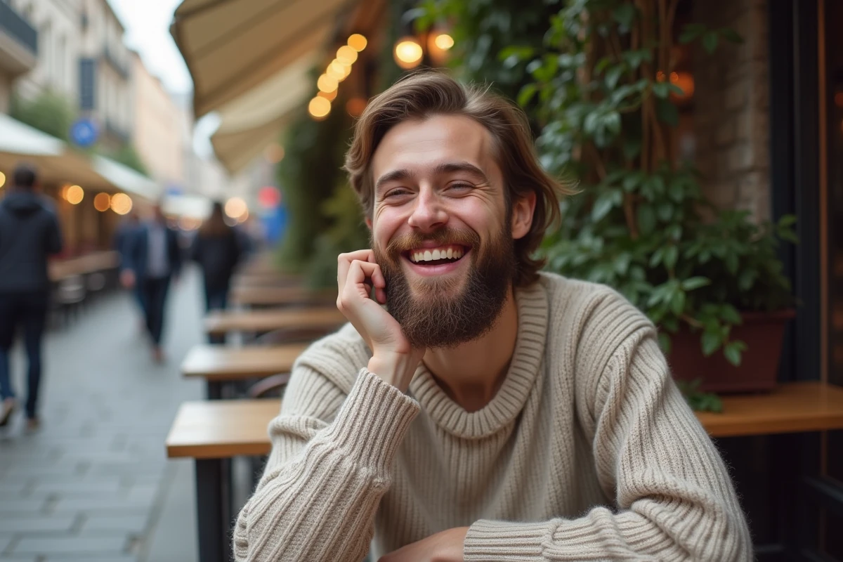 Femme souriante avec barbe assise en terrasse de café