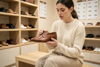Femme examinant une chaussure Oxford en cuir dans une boutique de chaussures, en lien avec les tailles UK et demi-pointures