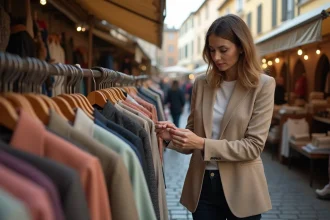 Femme inspectant une veste de créateur d'occasion sur un stand de braderie en plein air, style mode et shopping malin