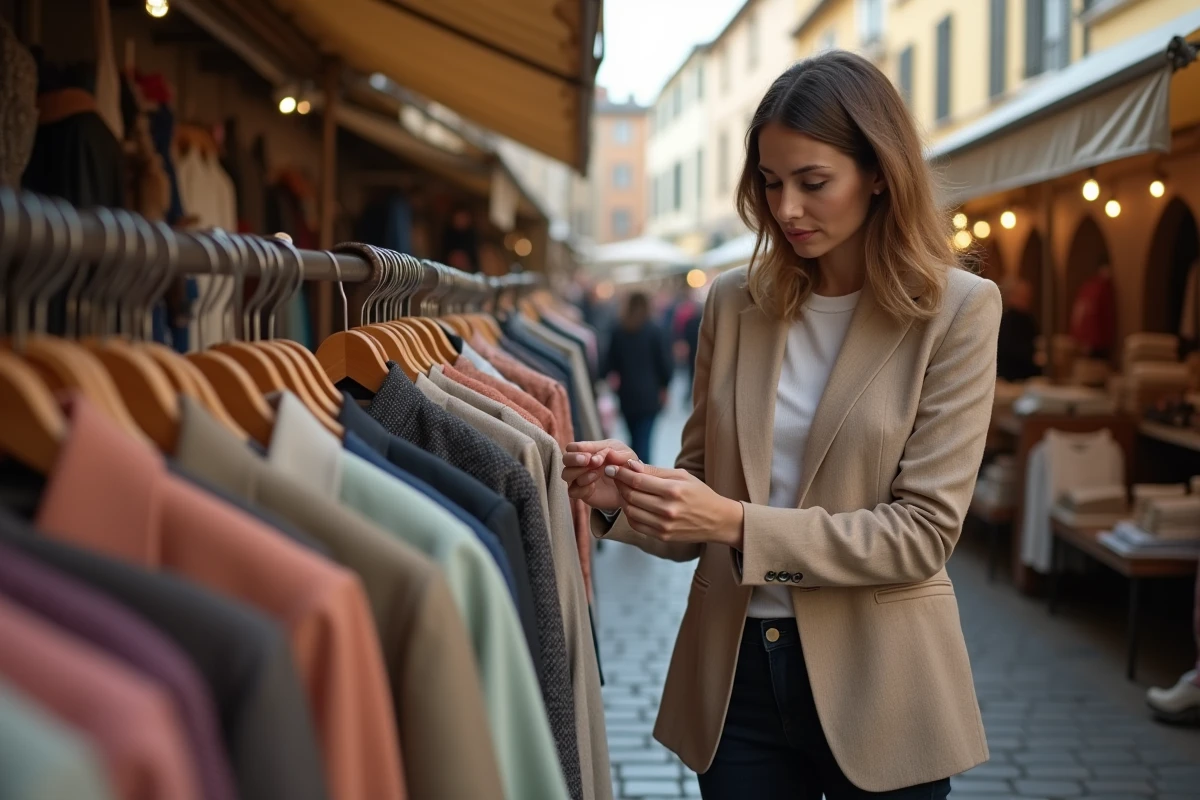 Femme inspectant une veste de créateur d'occasion sur un stand de braderie en plein air, style mode et shopping malin