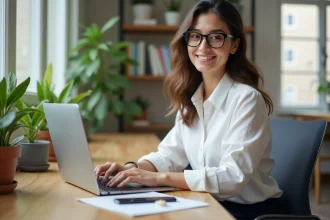 Jeune femme en bureau moderne avec lunettes tendance