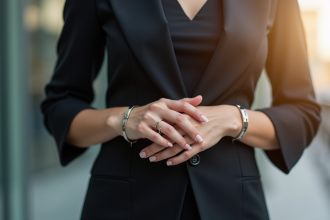 Femme en tenue d'affaires portant bracelets en argent