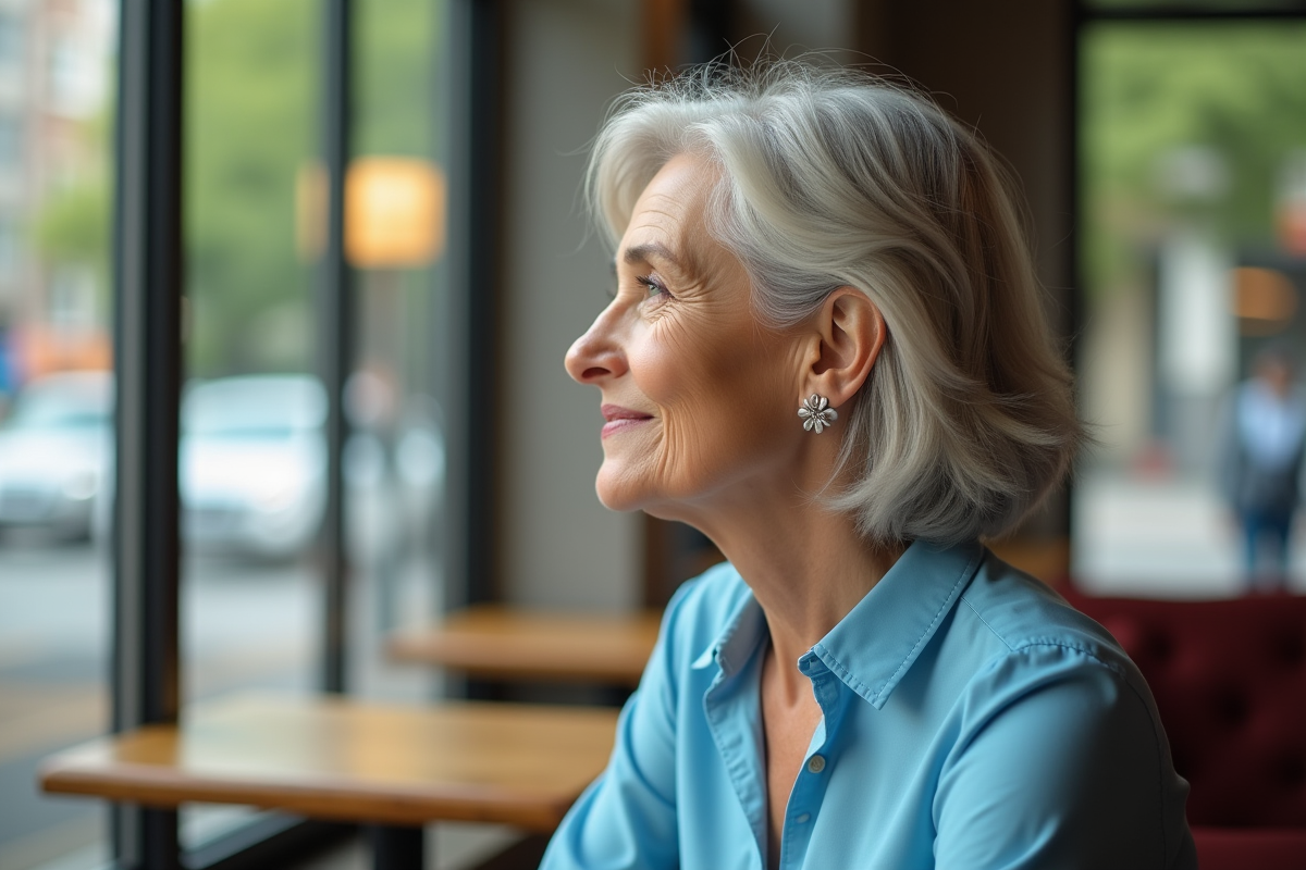 Femme pensant dans un café lumineux avec blouse bleue