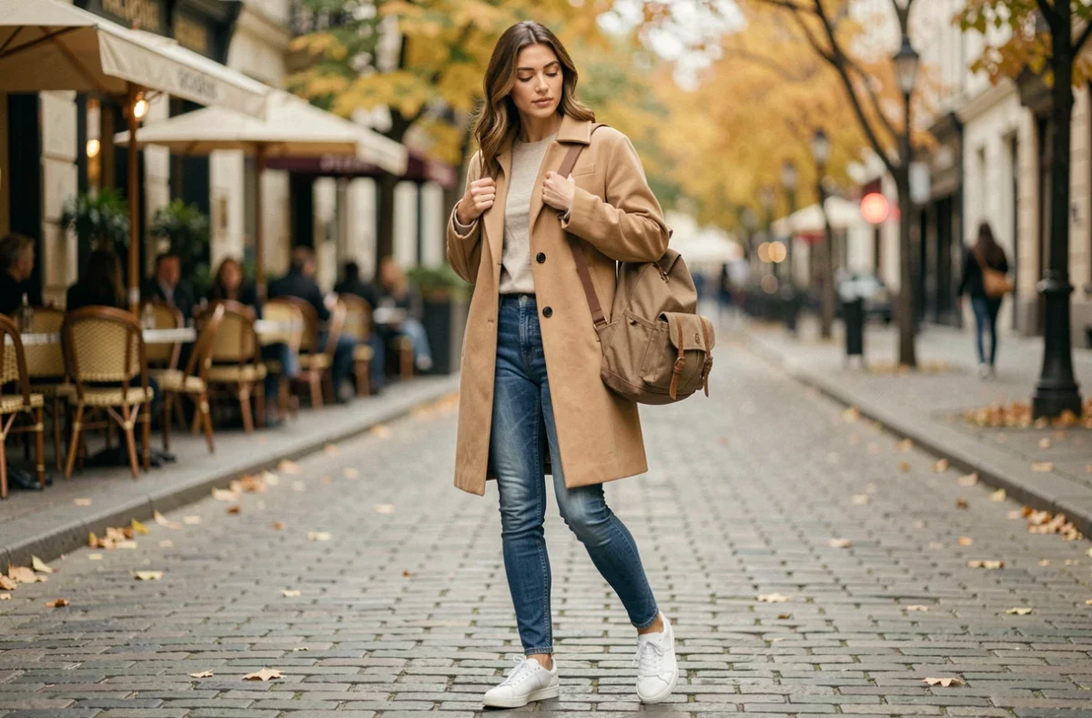 Femme casual chic en manteau beige ajustant son sac à dos ordinateur en toile taupe dans une rue pavée animée