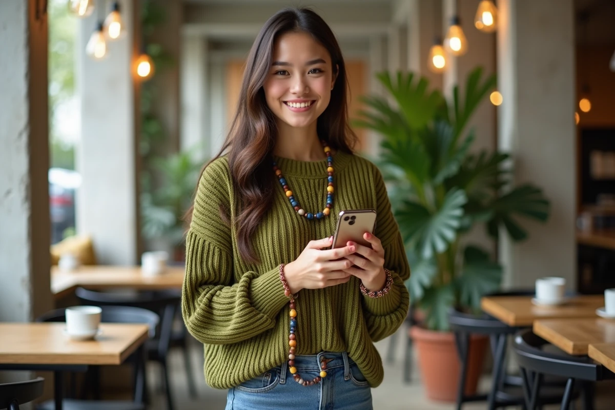 Jeune femme tenant son smartphone avec une chaîne pour portable artisanale en perles autour du poignet dans un café urbain moderne