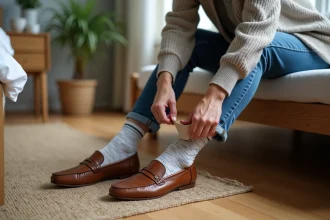 Femme assise ajustant ses inserts dans des mocassins en cuir