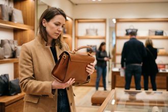 Femme inspectant attentivement un sac à main en cuir cognac dans une boutique de maroquinerie élégante