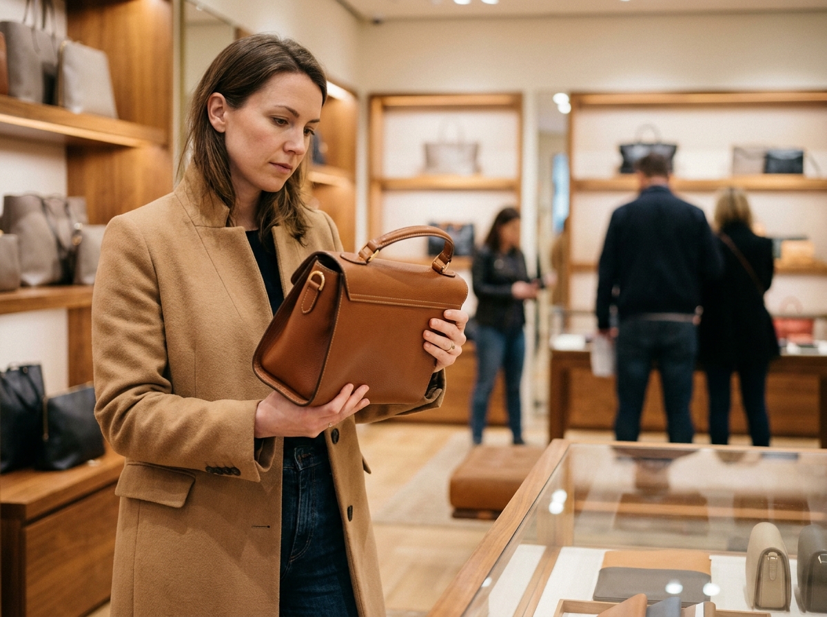 Femme inspectant attentivement un sac à main en cuir cognac dans une boutique de maroquinerie élégante