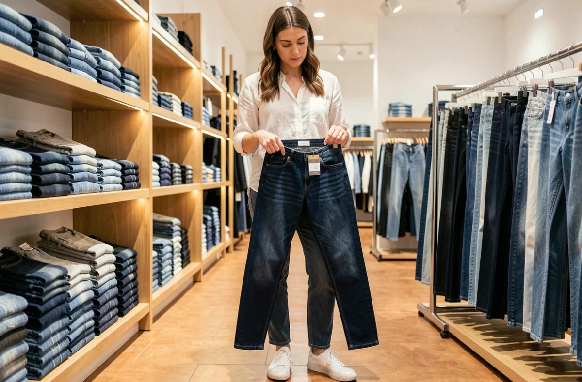 Femme choisissant la bonne taille de jeans dans un magasin de vêtements en comparant les étiquettes de taille
