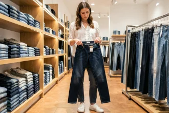 Femme choisissant la bonne taille de jeans dans un magasin de vêtements en comparant les étiquettes de taille