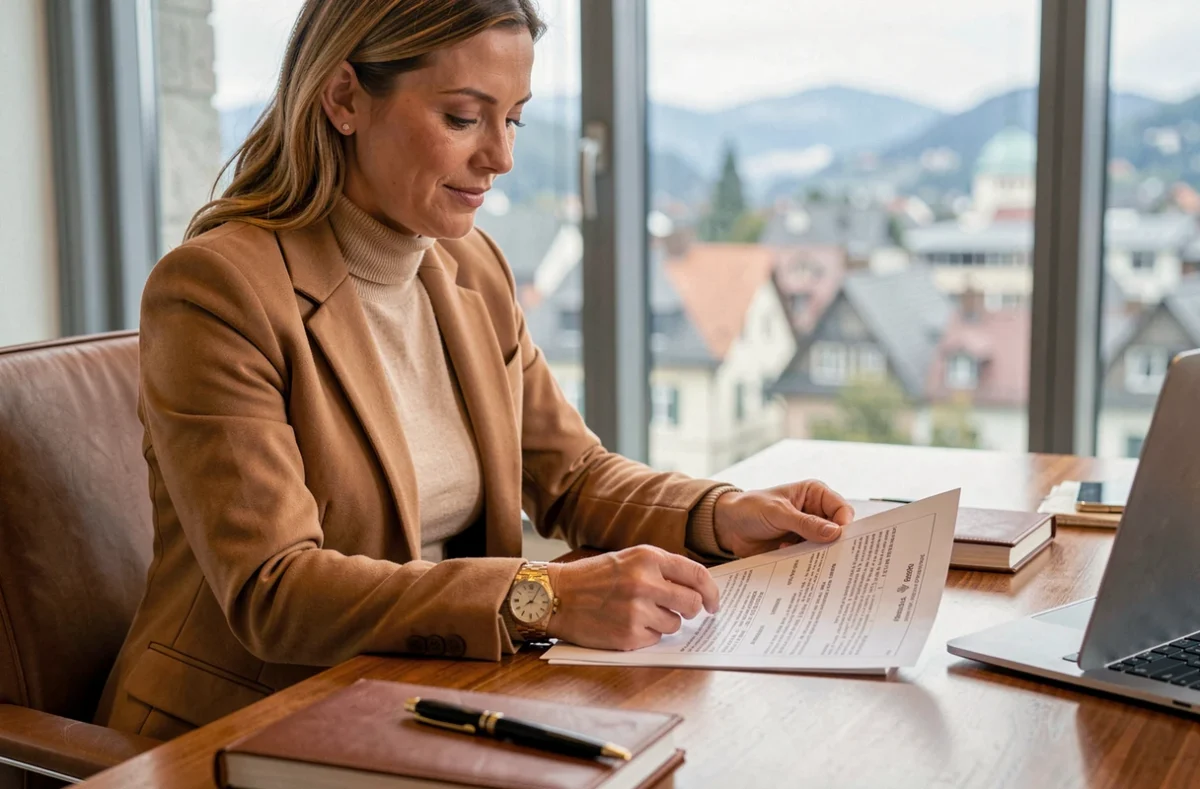 Femme professionnelle en blazer camel consultant des documents sur la valeur des montres Rolex dans un bureau financier à Genève