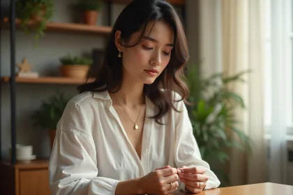 Femme qui démêle un collier en or avec soin, symbolisant la signification spirituelle des bijoux emmêlés