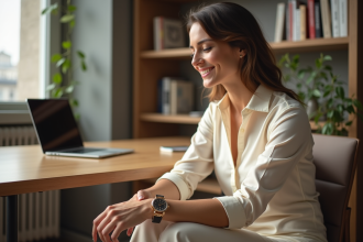 Femme élégante portant une montre dorée dans un intérieur lumineux