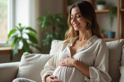 Femme enceinte tenant un bola dans un salon chaleureux