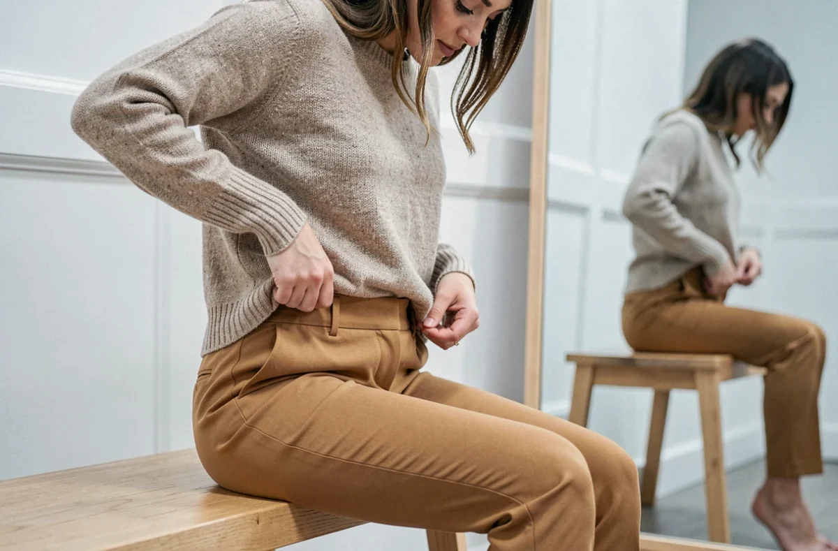 Femme en cabine d'essayage ajustant un pantalon slim camel taille 42, démontrant l'importance de la coupe pour un tour de taille 42